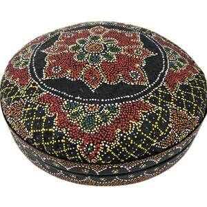 Vtg Large Bali Kaleidoscope Dot Hand Painted Woven Wicker Round Basket w/Lid